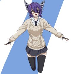 1girl black_gloves black_thighhighs breasts brown_sweater casual collarbone collared_shirt commentary cropped_legs english_commentary eyepatch fang gloves hair_between_eyes headgear highres kantai_collection long_sleeves looking_at_viewer medium_breasts one_eye_covered open_mouth orange_eyes outstretched_arms partially_fingerless_gloves purple_hair shirt short_hair simple_background skin_fang solo sweater tenryuu_(kancolle) thighhighs timq white_shirt