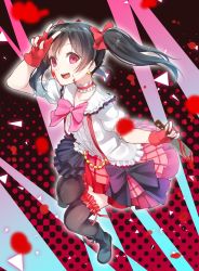 10s 1girl :d black_boots black_bow black_hair black_skirt black_thighhighs blood blood_on_face blood_stain bloody_weapon blush bokura_wa_ima_no_naka_de boots bow bowtie collar earrings empty_eyes female_focus fingerless_gloves frilled_collar frilled_shirt_collar frills full_body gloves hair_bow highres idol jewelry knife layered_skirt looking_at_viewer love_live! love_live!_school_idol_project multicolored_skirt ninnzinn open_mouth pink_bow pink_bowtie puffy_short_sleeves puffy_sleeves red_bow red_eyes red_gloves red_skirt short_sleeves skirt smile solo thighhighs twintails v weapon yandere yazawa_nico