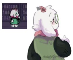 1boy animal_ears artist_name blush cloak commentary deltarune derivative_work english_commentary from_behind furry furry_male goat_boy goat_ears goat_horns green_cloak horns looking_at_viewer looking_back male_focus marustonks photo-referenced pink_scarf ralsei reference_inset round_eyewear scarf white_background