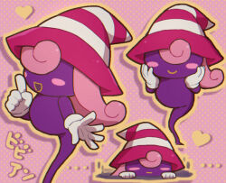 Rule 34 | 1girl, blush stickers, chiimako, colored skin, curly hair, ghost tail, gloves, hair over eyes, hat, long hair, mario (series), multiple views, nintendo, paper mario, paper mario: the thousand-year door, pink hair, purple skin, smile, striped clothes, striped headwear, vivian (paper mario), white gloves, witch hat