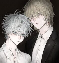 2boys api_(ppi_52) black_background black_jacket blonde_hair blue_eyes closed_mouth collared_shirt commentary earrings expressionless hashtag-only_commentary highres hunter_x_hunter jacket jewelry killua_zoldyck kurapika looking_at_viewer male_focus multiple_boys open_clothes open_collar open_jacket piercing shirt short_hair simple_background suit_jacket twitter_username upper_body white_hair white_shirt wing_collar yellow_eyes
