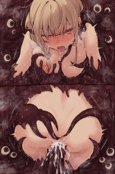 Rule 34 | 1girl, anus, blonde hair, blunt bangs, blush, braid, breast sucking, breasts, brown eyes, crying, crying with eyes open, cum, cum in ass, cum in pussy, highres, n (m ohkamotoh), nipples, nude, open mouth, original, single braid, solo, sweat, tears, tentacle in ear, tentacle pit, tentacle sex, tentacles, textless version, tongue, tongue out, vaginal