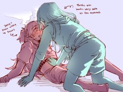 2girls barefoot between_legs blush clothes_lift commentary emotsper english_commentary english_text fang hand_on_another&#039;s_stomach highres hinomori_shizuku hood hoodie limited_palette long_hair looking_at_another momoi_airi multiple_girls open_mouth project_sekai purple_background shirt_lift short_sleeves shorts simple_background sweat two_side_up yuri