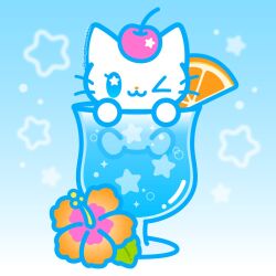 animal animal_focus cat cherry commentary cup cyberneko drink flower food fruit hibiscus in_container in_cup no_humans one_eye_closed orange_(fruit) orange_slice original star_(symbol) symbol-only_commentary undersized_animal white_cat