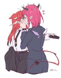 animal_ears black_suit blue_eyes blush business_suit formal_clothes hakos_baelz highres hololive hololive_english horns irys_(hololive) jacket kiss long_hair mouse_ears mouse_girl mouse_tail multicolored_hair multiple_girls necktie pointy_ears ramphastostella red_hair skirt skirt_suit streaked_hair suit suit_jacket tail virtual_youtuber white_background white_hair yuri