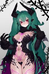 Rule 34 | 1girl, absurdres, aqua hair, blush, breasts, ekrea jan, highres, horns, long hair, looking at viewer, maebari, medium breasts, navel, original, pointy ears, red eyes, scales, solo, tattoo, very long hair