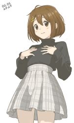1girl absurdres ahoge andreypavlow black_sweater blush breasts brown_hair closed_mouth embarrassed feet_out_of_frame from_below grey_skirt hair_ornament hairclip hand_on_own_chest high-waist_skirt high_collar highres hirasawa_yui k-on! long_sleeves looking_at_viewer looking_to_the_side pleated_skirt short_hair simple_background skirt small_breasts solo sweater sweater_tucked_in thighs turtleneck white_background