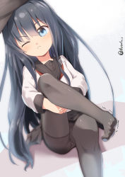 1girl akatsuki_(kancolle) akatsuki_kai_ni_(kancolle) alternate_eye_color anchor_symbol bad_feet badge black_pantyhose black_sailor_collar blouse blue_eyes crossed_legs desk artistic_error flat_cap frown hair_between_eyes hat highres kantai_collection long_hair long_sleeves messy_hair metadio neckerchief no_shoes one_eye_closed panties panties_under_pantyhose pantyhose pleated_skirt purple_hair red_neckerchief sailor_collar school_uniform serafuku shirt simple_background sitting skirt solo twitter_username underwear white_background white_shirt