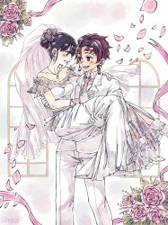 1boy 1girl alternate_hairstyle birthmark blush carrying dress earrings flower formal_clothes jewelry kamado_tanjirou kimetsu_no_yaiba marriage necklace necktie princess_carry purple_eyes purple_hair red_eyes red_hair ribbon rusky smile suit tsuyuri_kanao wedding wedding_dress white_dress white_suit window