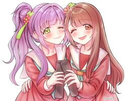 2girls ;) ;d animification aqua_neckerchief brown_dress brown_eyes brown_hair closed_mouth commentary_request diploma_tube dress flower flower_stand_art graduation green_eyes hair_bun hair_flower hair_ornament hanamiya_nina hand_on_another&#039;s_hip hasu_no_sora_school_uniform highres holding link!_like!_love_live! long_hair long_sleeves looking_at_viewer love_live! meiji_(mosamoo3) mole mole_under_eye multiple_girls neckerchief one_eye_closed open_mouth otomune_kozue pleated_dress real_life red_flower sailor_collar sailor_dress school_uniform side_ponytail sidelocks simple_background single_side_bun smile tassel tassel_hair_ornament twitter_username virtual_graduation_commemoration virtual_youtuber voice_actor voice_actor_connection white_background white_sailor_collar winter_uniform