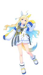 Rule 34 | 1girl, ahoge, animal ears, bad link, blue eyes, blue hair, boots, breasts, colored inner hair, ear covers, ear ornament, full body, game model, gradient hair, highres, horse ears, horse girl, horse tail, jacket, long hair, long sleeves, looking at viewer, multicolored hair, multicolored jacket, neo universe (umamusume), official art, parted lips, single ear cover, sleeves past fingers, sleeves past wrists, small breasts, solo, tachi-e, tail, transparent background, umamusume, very long hair, white boots
