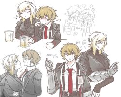 1boy 1girl ? ?? age_difference ahoge alcohol alternate_height alternate_universe anger_vein arm_on_table arms_behind_back arms_under_breasts beer beer_mug belt black_belt black_jacket black_sweater black_vest blonde_hair blue_eyes blush breast_press cheek_poking cheek_squash chibi chugging closed_eyes collared_shirt colored_skin colored_tips couple cowlick cropped_torso cross cross_earrings crossed_bangs cup dress_shirt drink drinking earrings embarrassed english_text facing_another faust_(project_moon) fluffy fluffy_hair from_side froth gauntlets grey_trim hair_between_eyes hand_on_own_cheek hand_on_own_face happy height_difference height_growth hetero highres holding holding_cup holding_drink id_card jacket jacket_on_shoulders jewelry limbus_company long_bangs long_sidelocks long_sleeves looking_at_another looking_at_viewer looking_to_the_side looking_up medium_hair messy_hair mug multicolored_hair multiple_views musical_note n_corp._fanatic_(identity)_(project_moon) neck necktie ohzv one_eye_in_shadow orange_eyes pale_skin parted_lips pointing pointing_with_thumb poking profile project_moon puckered_lips red_necktie red_trim shirt short_hair sidelocks simple_background sinclair_(project_moon) single_gauntlet sleeves_past_wrists smile smirk smug staring surprised suspenders sweat sweatdrop sweater table tall_female tall_male teasing thumbs_up translation_request two-sided_fabric two-sided_jacket two-tone_hair upper_body vest white_background white_hair white_skin worried