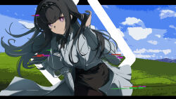 1girl arknights black_hair black_hairband diamond-shaped_pupils diamond_(shape) glitch hairband highres long_hair priestess_(arknights) purple_eyes sweater symbol-shaped_pupils turtleneck turtleneck_sweater white_sweater