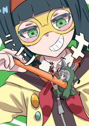 2girls absurdres animal_ears black_hair blue_eyes blunt_bangs bob_cut carrot commentary domino_mask dress_shirt ear_ornament green_eyes grey_hair grin hair_ornament hairband highres holding holding_carrot hood hood_down hoodie horse_ears horse_girl horseshoe_ornament kasamatsu_tracen_school_uniform kishiroki long_sleeves looking_at_another mask mini_person minigirl minnie_the_lady_(umamusume) multiple_girls neck_ribbon oguri_cap_(gray_monster)_(umamusume) oguri_cap_(umamusume) red_hairband red_ribbon ribbon school_uniform shirt short_hair smile smirk translated umamusume umamusume:_cinderella_gray white_shirt wing_collar yellow_hoodie