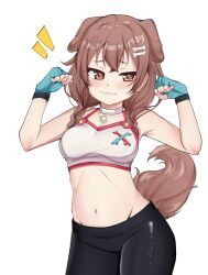 Rule 34 | 1girl, absurdres, alternate costume, animal ears, bare shoulders, black leggings, blue gloves, blush, breasts, brown eyes, brown hair, closed mouth, cowboy shot, dog ears, dog girl, dog tail, dot nose, eyelashes, female focus, fingerless gloves, gloves, hands up, highres, hololive, inugami korone, leggings, looking at viewer, matching hair/eyes, medium breasts, meemz a, midriff, navel, red shirt, shirt, simple background, sleeveless, sleeveless shirt, smug, solo, tail, toned, toned female, two-tone shirt, virtual youtuber, white background, white shirt