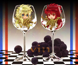 2boys aquarius_camus armor blonde_hair blue_eyes chibi chibi_only cup drinking_glass food fruit gold_armor gold_cloth gold_saint grapes in_container in_cup lanuarius long_hair male_focus mini_person miniboy multiple_boys open_mouth red_eyes red_hair saint_seiya scorpio_milo shoulder_spikes smile spiked_pauldrons spikes wine_glass