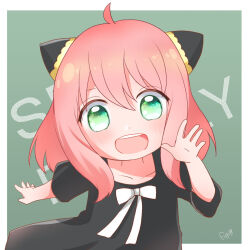 Rule 34 | 1girl, :d, anya (spy x family), artist name, black dress, border, dress, fuyukusa 1, green background, green eyes, hair between eyes, hairpods, highres, looking at viewer, medium hair, open mouth, outside border, pink hair, signature, smile, solo, spy x family, teeth, upper teeth only, white border
