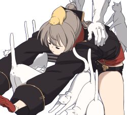 1girl absurdres animal animal_on_head azur_lane black_jacket black_shorts brown_hair cat gloves hair_between_eyes half_gloves hatski.sin high_ponytail highres jacket jean_bart_(azur_lane) long_hair long_sleeves meme on_head outstretched_arms ponytail red_gloves short_shorts shorts simple_background solo stretching thighs too_many veins white_background