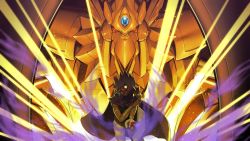 1boy akagi_asahito cloak dark-skinned_male dark_skin duel_disk facial_mark forehead_mark glowing glowing_eyes highres looking_at_viewer millennium_rod pants spiked_hair the_winged_dragon_of_ra tongue tongue_out white_hair white_pants yami_marik yu-gi-oh! yu-gi-oh!_duel_monsters