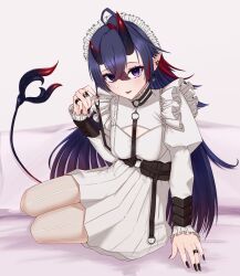 1girl absurdres aho_(ahonoiroiro) alternate_costume apron asymmetrical_horns black_hair black_horns black_nails breasts commentary crossed_bangs demon_girl demon_horns dress earrings english_commentary enmaided fingernails full_body gradient_horns hair_between_eyes highres holding_own_leash horns jewelry long_hair long_sleeves looking_at_viewer maid maid_headdress medium_breasts multicolored_hair multicolored_horns nanashi_inc. open_mouth pantyhose pointy_ears purple_eyes red_hair red_horns ryugasaki_rene sitting smile solo striped_clothes striped_pantyhose two-tone_hair vertical-striped_clothes vertical-striped_pantyhose virtual_youtuber white_apron white_dress white_pantyhose yokozuwari