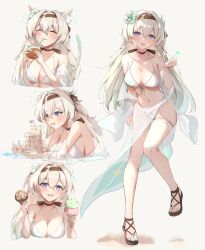 1girl :d ^_^ animal_ear_fluff animal_ears bare_shoulders bikini black_hairband cat_ears cat_tail closed_eyes coconut drinking drinking_straw elphe firefly_(honkai:_star_rail) food grey_background hairband hand_up highres holding honkai:_star_rail honkai_(series) ice_cream multiple_views navel open_mouth purple_eyes sandals simple_background smile stomach swimsuit tail thighs white_bikini