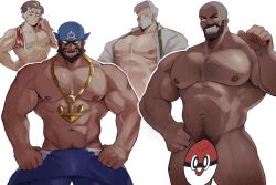 4boys abs anchor_necklace archie_(pokemon) arm_hair bara bare_pectorals beard buzz_cut censored chest_hair collared_shirt commentary_request dark-skinned_male dark_skin drayden_(pokemon) facial_hair grin highres jewelry k0bit0wani kabu_(pokemon) large_pectorals male_focus mature_male multicolored_hair multiple_boys muscular muscular_male navel navel_hair necklace necktie nintendo nipples novelty_censor old old_man one_eye_closed open_clothes open_shirt pectorals peony_(pokemon) pokemon pokemon_bw pokemon_oras pokemon_swsh shirt short_hair simple_background smile towel towel_around_neck two-tone_hair undone_necktie very_short_hair white_background white_hair