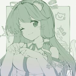 1girl animal_ears bare_shoulders border breasts cat_ears clenched_hand collared_shirt detached_sleeves double-parted_bangs frog_hair_ornament green_hair hair_ornament hair_tubes highres kemonomimi_mode kochiya_sanae large_breasts long_hair long_sleeves looking_at_viewer monochrome moriya_suwako nazawa_(nother) one_eye_closed paw_pose shirt simple_background single_hair_tube single_sidelock sleeveless sleeveless_shirt snake_hair_ornament solo star_(symbol) touhou upper_body whiskers wide_sleeves yasaka_kanako