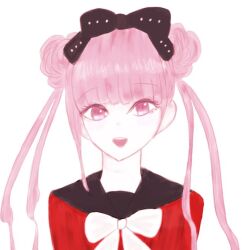 Rule 34 | 1girl, black bow, bow, female focus, hair bow, long hair, looking at viewer, matching hair/eyes, open mouth, pink eyes, pink hair, simple background, solo, solo focus, the hundred line -last defense academy-, tsukumo kako, twintails, white background