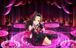 10s 1girl arm_support arm_up artist_request bare_arms bass_clef beamed_quavers belt black_boots black_dress black_gloves black_hair boots breasts brooch buckle chain chain_belt charm_(object) checkered_floor claw_pose cleavage cleavage_cutout closed_mouth clothes_writing clothing_cutout column copyright_name cross-laced_clothes crotchet crotchet_rest demon_girl demon_horns demon_tail demon_wings dot_nose dress earrings eyes_visible_through_hair female_focus fingerless_gloves fingernails fire flat_sign frilled_dress frills gloves glowing gold_chain hair_bun hair_intakes high_collar high_heel_boots high_heels horns idolmaster idolmaster_cinderella_girls idolmaster_cinderella_girls_starlight_stage indoors jewelry knee_boots lace lace-trimmed_shirt lace_trim layered_dress lips long_fingernails long_hair looking_at_viewer magic_circle medium_breasts musical_note musical_note_print musical_staff nail_polish off_shoulder official_art pillar pink_nails platform_boots platform_footwear platform_heels purple_eyes quaver raised_eyebrows see-through_clothes see-through_silhouette segno_sign sharp_sign shirt short_dress single_hair_bun sitting sleeveless sleeveless_dress smile solo strap suzumiya_seika tail treble_clef wings yokozuwari