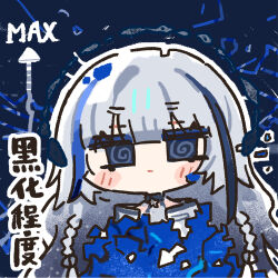 Rule 34 | 1girl, @ @, blue eyes, blue hair, blush stickers, chibi, chibi only, chinese commentary, chinese text, cui pi zha xia qiu, girls&#039; frontline, girls&#039; frontline neural cloud, grey hair, grey shirt, hubble (neural cloud), long hair, official art, second-party source, shirt, solo