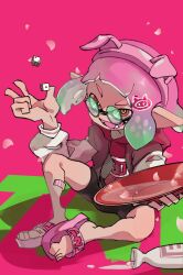 1girl :d absurdres alcohol animal_ears aqua_hair bike_shorts black_shorts cherry_blossoms cup dice fake_animal_ears falling_petals fangs flip-flops gradient_hair green_eyes hairband hand_up highres hooded_shirt inkling inkling_girl inkling_player_character jacket koike3582 long_sleeves multicolor-tinted_eyewear multicolored_eyes multicolored_hair multicolored_jacket nintendo open_clothes open_jacket open_mouth petals pig_ears pink_background pink_hair pink_hairband pointy_ears purple_hair red_eyes red_jacket red_shirt round_eyewear sakazuki sake sandals shirt short_hair shorts sitting smile solo splatoon_(series) suction_cups tentacle_hair tinted_eyewear two-tone_jacket white_jacket yellow_eyes