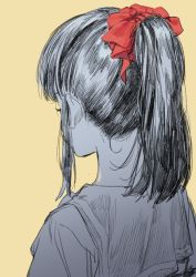 absurdres dorontabi hair_ribbon hidden_face highres long_hair nape ponytail portrait red_ribbon ribbon school_uniform serafuku sidelocks solo yellow_background