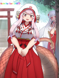 2girls blunt_bangs blush breasts byakuda_(kemono_friends) chihaya_(clothing) chinese_zodiac flower hair_between_eyes hair_ornament hakama hakama_skirt highres hood japanese_clothes kemono_friends kemono_friends_3 kimono long_hair looking_at_viewer miko mo23 multicolored_hair multiple_girls open_mouth pink_hair red_eyes red_hakama ribbon-trimmed_sleeves ribbon_trim shinto shrine sidelocks skirt smile snake_girl snake_tail tail taipan_(kemono_friends) torii white_hair white_kimono wide_sleeves year_of_the_snake
