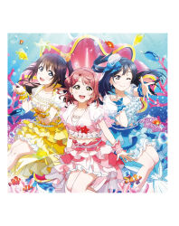 3girls :d artbook black_hair blue_eyes blue_skirt bow brown_hair bubble collarbone earrings fish grey_eyes hair_bow hair_bun hair_ornament hat highres jewelry long_hair looking_at_viewer love_live! love_live!_nijigasaki_high_school_idol_club medium_hair multiple_girls non-web_source official_art one_eye_closed open_mouth osaka_shizuku pink_hair pink_skirt ponytail single_side_bun skirt smile uehara_ayumu underwater wrist_cuffs yellow_eyes yellow_skirt yuki_setsuna