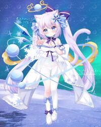 1girl animal_ear_fluff animal_ears artist_name bare_shoulders blue_bow blue_bowtie blue_eyes blush bow bowtie breasts cat_ears cat_girl cat_tail cleavage commentary_request commission detached_sleeves dress frilled_wrist_cuffs frills full_body hair_between_eyes hair_bow hamiyamiko large_breasts long_hair looking_at_viewer navel original outstretched_arm panties purple_hair see-through_clothes shoes single_sock single_thighhigh socks solo standing strapless strapless_dress tail thighhighs twintails underwear very_long_hair white_dress white_panties white_shoes white_sleeves white_socks white_thighhighs wrist_cuffs