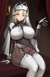 1girl absurdres black_dress blonde_hair blue_eyes blush bodystocking breasts candle clothing_aside covered_navel cross cross_facial_mark cross_necklace dress dress_aside ekuskarma facial_mark garter_belt garter_straps gloves goddess_of_victory:_nikke highres indoors jewelry large_breasts lips long_hair looking_at_viewer necklace nun parted_lips rapunzel_(nikke) rapunzel_(pure_grace)_(nikke) sitting solo thighhighs twitter_username veil very_long_hair white_garter_belt white_garter_straps white_gloves white_thighhighs white_veil