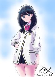Rule 34 | 1girl, 2019, absurdres, black hair, blue eyes, bow, bowtie, cardigan, cowboy shot, dated, female focus, gridman universe, hand on own hip, highres, kagawa hisashi, long hair, miniskirt, pleated skirt, school uniform, signature, skirt, solo, ssss.gridman, tagme, takarada rikka, thighs