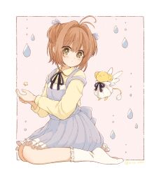 1girl antenna_hair black_ribbon blue_dress blue_ribbon blush border brown_hair cardcaptor_sakura closed_mouth collared_shirt commentary dress frilled_dress frilled_socks frills full_body green_eyes hair_ribbon highres kero_(cardcaptor_sakura) kinomoto_sakura long_sleeves looking_at_another mizu_0401 neck_ribbon outside_border pinafore_dress rain ribbon shirt short_hair simple_background sitting sleeveless sleeveless_dress socks symbol-only_commentary twitter_username two_side_up white_border white_socks yellow_shirt