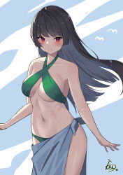 1girl absurdres alternate_costume artist_logo bikini black_hair choukai_(kancolle) cowboy_shot criss-cross_halter green_bikini grey_sarong halterneck highres kantai_collection lanthan logo long_hair no_eyewear one-hour_drawing_challenge pretzel_bikini red_eyes sarong solo standing swimsuit