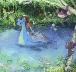 1girl aipom bad_drawr_id bad_id brown_footwear closed_mouth creatures_(company) day forest game_freak gen_1_pokemon gen_2_pokemon gen_3_pokemon grass hat in_tree jumpluff kneehighs lapras lily_pad long_sleeves lotad lyra_(pokemon) masquerain nature nintendo oekaki orolo outdoors pineco pinecone pointing pointing_forward pokemon pokemon_(creature) pokemon_hgss red_headwear red_shirt red_skirt river shirt shoes shroomish skirt socks standing stantler sudowoodo surskit togetic tree two-tone_headwear two-tone_skirt white_headwear white_socks wooper yellow_skirt