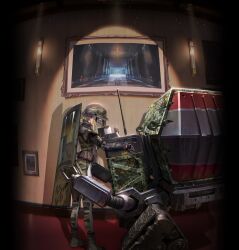1girl art_(nikke) blonde_hair boots camouflage com_(nikke) game_cg goddess_of_victory:_nikke goggles helmet highres hug long_hair painting_(object) robot shield shield_on_back soldier_fa_(nikke) very_long_hair