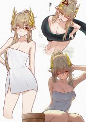 2girls absurdres anger_vein arknights blush breasts cleavage closed_mouth green_hair highres ho&#039;olheyak_(arknights) long_hair medium_breasts muelsyse_(arknights) multiple_girls naked_towel one_eye_closed pointy_ears towel translation_request uof