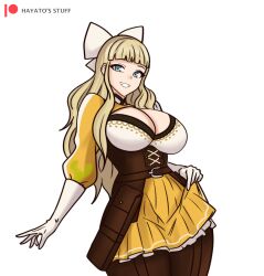 1girl absurdres alternate_costume black_corset blonde_hair bow breasts charlotte_(fire_emblem) cleavage commentary corset cosplay english_commentary fire_emblem fire_emblem_fates goldmary_(fire_emblem) goldmary_(fire_emblem)_(cosplay) hair_bow hayato_stuff highres hooded_top large_breasts nintendo wavy_hair white_bow