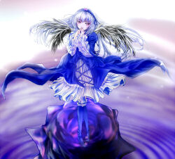 1girl auge_(akd) black_wings bonnet crossed_legs dress flower frills gothic_lolita grey_hair hairband interlocked_fingers lolita_fashion lolita_hairband long_hair long_sleeves looking_to_the_side ouji_fashion pale_skin purple_flower purple_rose red_eyes ripples rose rozen_maiden solo suigintou wings