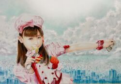 1girl absurdres asian bow brown_eyes brown_hair cloud commentary_request commission copyright_request dress fingernails frills fukuhara_haruka giant giantess hat highres holding katsu_(24791909) lips marker_(medium) medium_hair microphone realistic scenery short_sleeves smile solo traditional_media