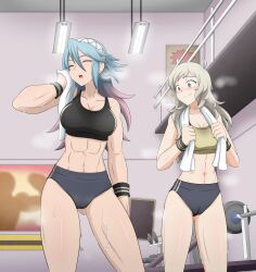Rule 34 | 2girls, abs, absurdres, blonde hair, blue hair, breasts, buruma, closed eyes, closed mouth, commission, commissioner upload, dumbbell, fire emblem, fire emblem fates, gluteal fold, gradient hair, grey eyes, gym, hair between eyes, hair ornament, heavy breathing, highres, holding, holding towel, indoors, large breasts, long hair, looking at another, luna xd, medium breasts, multicolored hair, multiple girls, navel, nintendo, open mouth, ophelia (fire emblem), railing, soleil (fire emblem), sports bra, sportswear, steaming body, sweat, toned, toned female, towel, towel around neck, very long hair, wristband