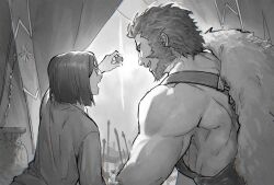 2boys beard coin curtains facial_hair fate_(series) from_behind greyscale highres holding holding_coin iskandar_(fate) lalatia-meai male_focus monochrome multiple_boys muscular muscular_male open_mouth short_hair sunlight vase waver_velvet