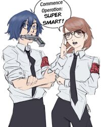 absurdres adjusting_clothes armband black_hair black_necktie blue_hair brown_hair chainsaw_man cropped_legs glass gun_in_mouth highres long_sleeves mouth_hold necktie persona persona_3 red_armband shirt short_hair simple_background standing takeba_yukari white_shirt xeeoh yuuki_makoto_(persona_3)