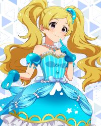 1girl aqua_dress aqua_gloves aqua_hat armlet bare_shoulders blonde_hair blush cowboy_shot dress drop_shadow emily_stewart finger_to_mouth frilled_dress frills gloves hand_up hat idolmaster idolmaster_million_live! idolmaster_million_live!_theater_days index_finger_raised jewelry long_hair mini_hat monster!_slime_(idolmaster) necklace off-shoulder_dress off_shoulder official_art parted_bangs pearl_necklace purple_eyes sidelocks smile solo standing tilted_headwear triangle twintails very_long_hair