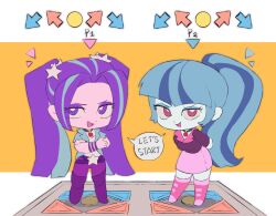 2girls :d aqua_jacket aria_blaze aria_blaze_(human) arms_behind_back arrow_(symbol) artistic_error belt black_choker black_jacket blue_eyeshadow blue_hair blunt_bangs blunt_ends boots bracelet breasts bright_pupils chibi chibi_only chinese_commentary choker colored_skin commentary_request crossed_arms english_text eyeshadow flat_color gem hair_ornament hair_tie high_ponytail highres jacket jewelry knee_boots leaning_forward letterboxed long_hair looking_at_viewer lwen makeup medium_skirt multicolored_hair multiple_girls my_little_pony my_little_pony:_equestria_girls my_little_pony:_friendship_is_magic open_clothes open_jacket open_mouth orange_background outside_border pants parted_bangs pencil_skirt pendant_choker pink_boots pink_eyes pink_skin pink_skirt playing_games ponytail purple_belt purple_boots purple_eyes purple_eyeshadow purple_hair purple_pants red_gemstone shared_speech_bubble shirt short-sleeved_jacket short_sleeves simple_background skirt small_breasts smile sonata_dusk sonata_dusk_(human) speech_bubble standing star_(symbol) star_hair_ornament streaked_hair tongue twintails two-tone_hair upturned_eyes v-shaped_eyebrows very_long_hair white_pupils white_shirt white_skin